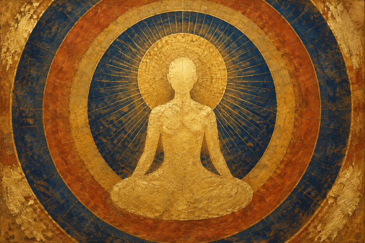 Abstract gold-leaf painting of a faceless luminous silhouette surrounded by concentric halos of light on a deep indigo antique panel