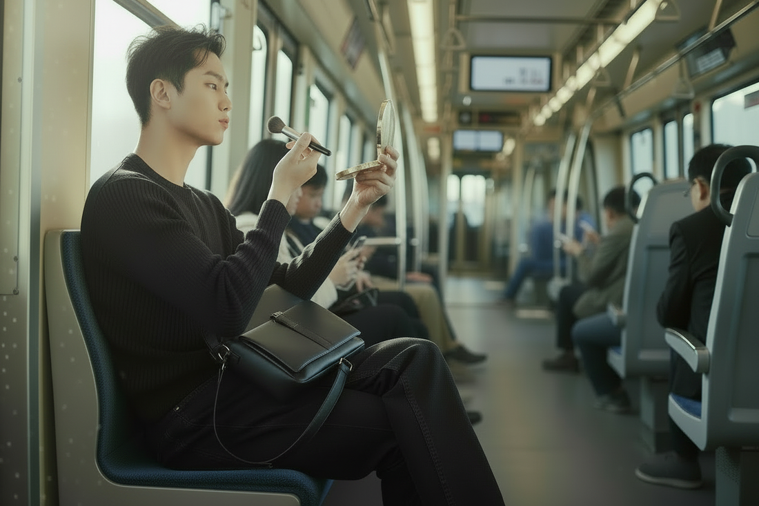 Young Asian man on a commuter train in black barrel jeans and a ribbed crewneck sweater, confidently touching up his makeup with a brush and compact mirror, matte black laptop bag at his side