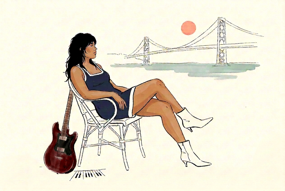 Ink-and-wash illustration of a woman in a navy dress with white trim and white boots beside a red electric guitar, with the Bay Bridge in the background.