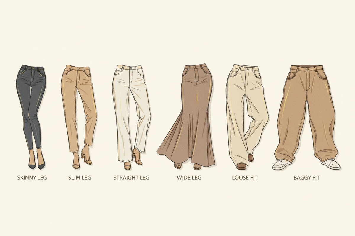Illustrated guide to women's jeans silhouettes: skinny leg, slim leg, straight leg, wide leg, loose fit, and baggy fit