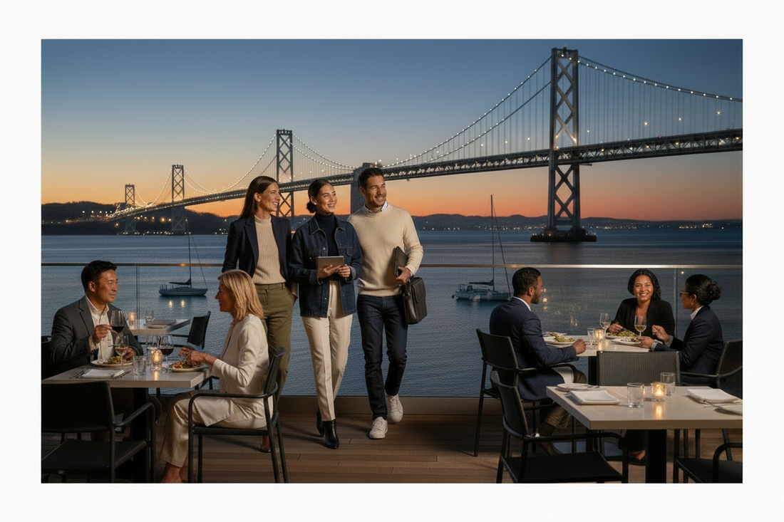 Professionally dressed guests posing on a San Francisco waterfront restaurant deck with the illuminated Oakland Bay Bridge at evening