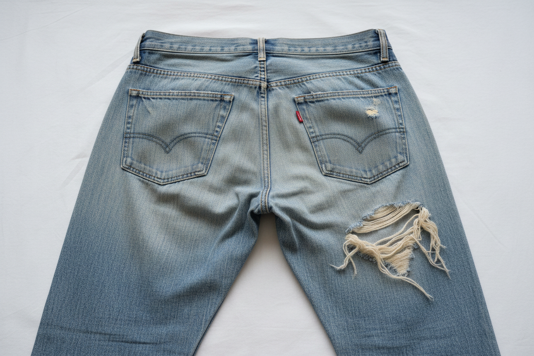Close-up of worn denim jeans showing signs of wear, representing the search for a replacement pair