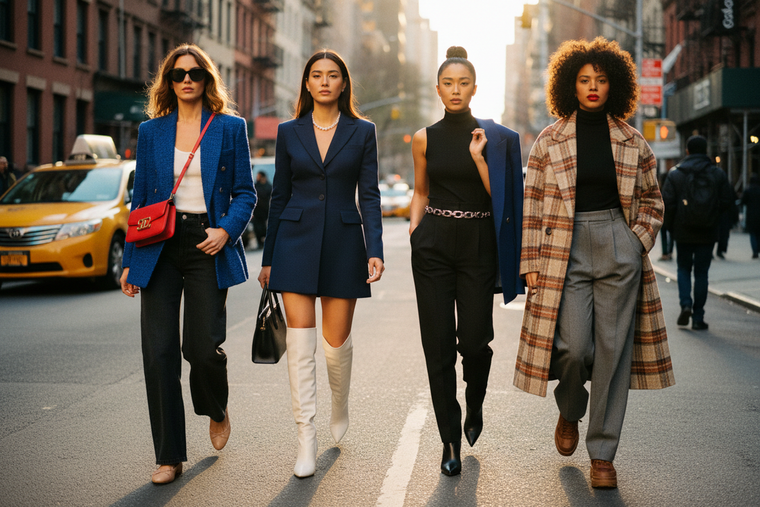 Four stylish women in mix-and-match outfits walking on a New York City street — demonstrating how the same wardrobe pieces can create completely different looks