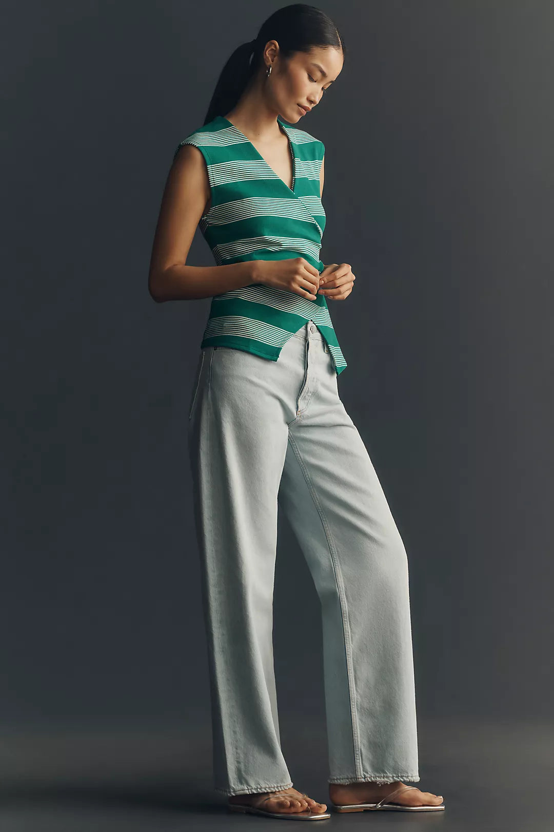 NWT Maeve Sleeveless V-Neck Wrap Top • Green / White Stripe • Size: XL