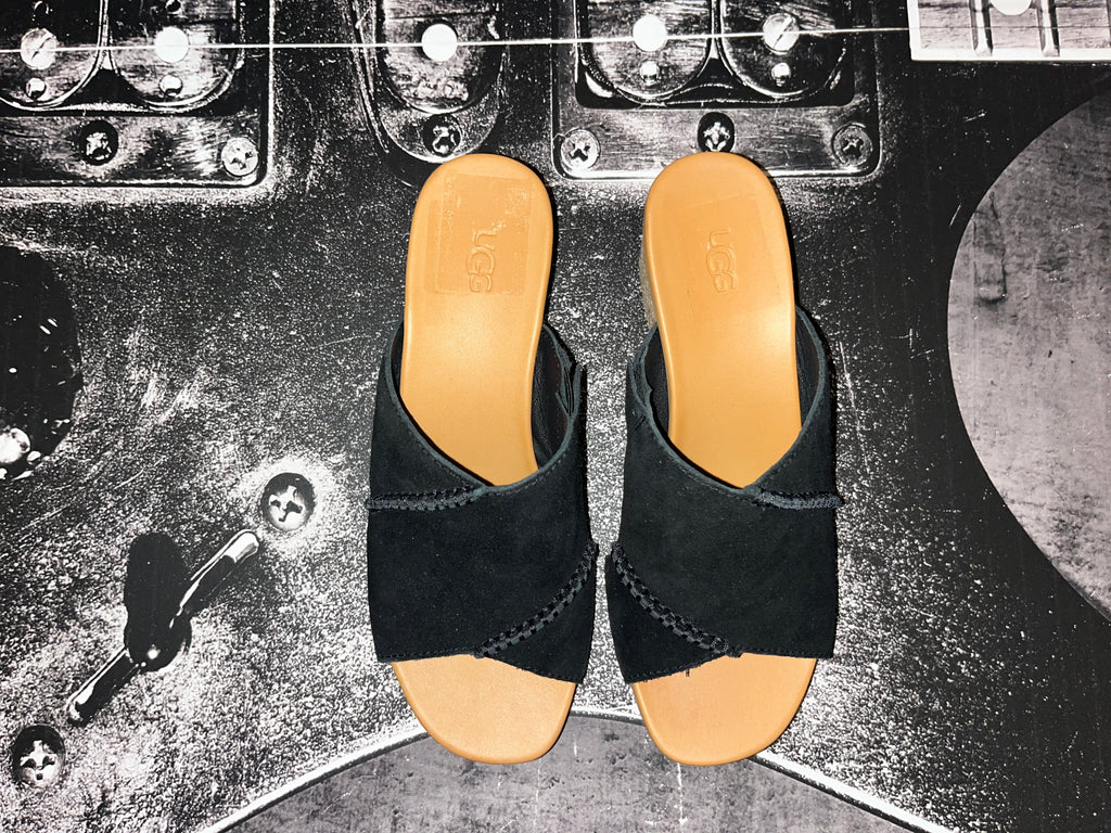NIB UGG Taia Wedge Heel Sandals • Black Leather • Size: Women's 8