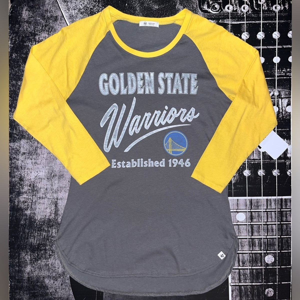 NWT '47 NBA Golden State Warriors Raglan Baseball Tee • Grey & Yellow • Size Large