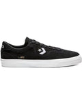 A black suede Converse platform sneaker with a white rubber sole, featuring the Converse logo and 'L. LOPEZ' text on the side.