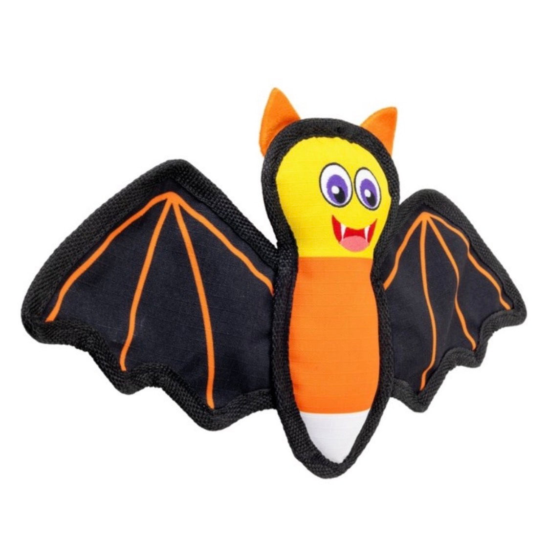 A plush bat-shaped dog toy with black wings outlined in orange, a yellow head, and an orange-and-white body, shown on a plain white background.