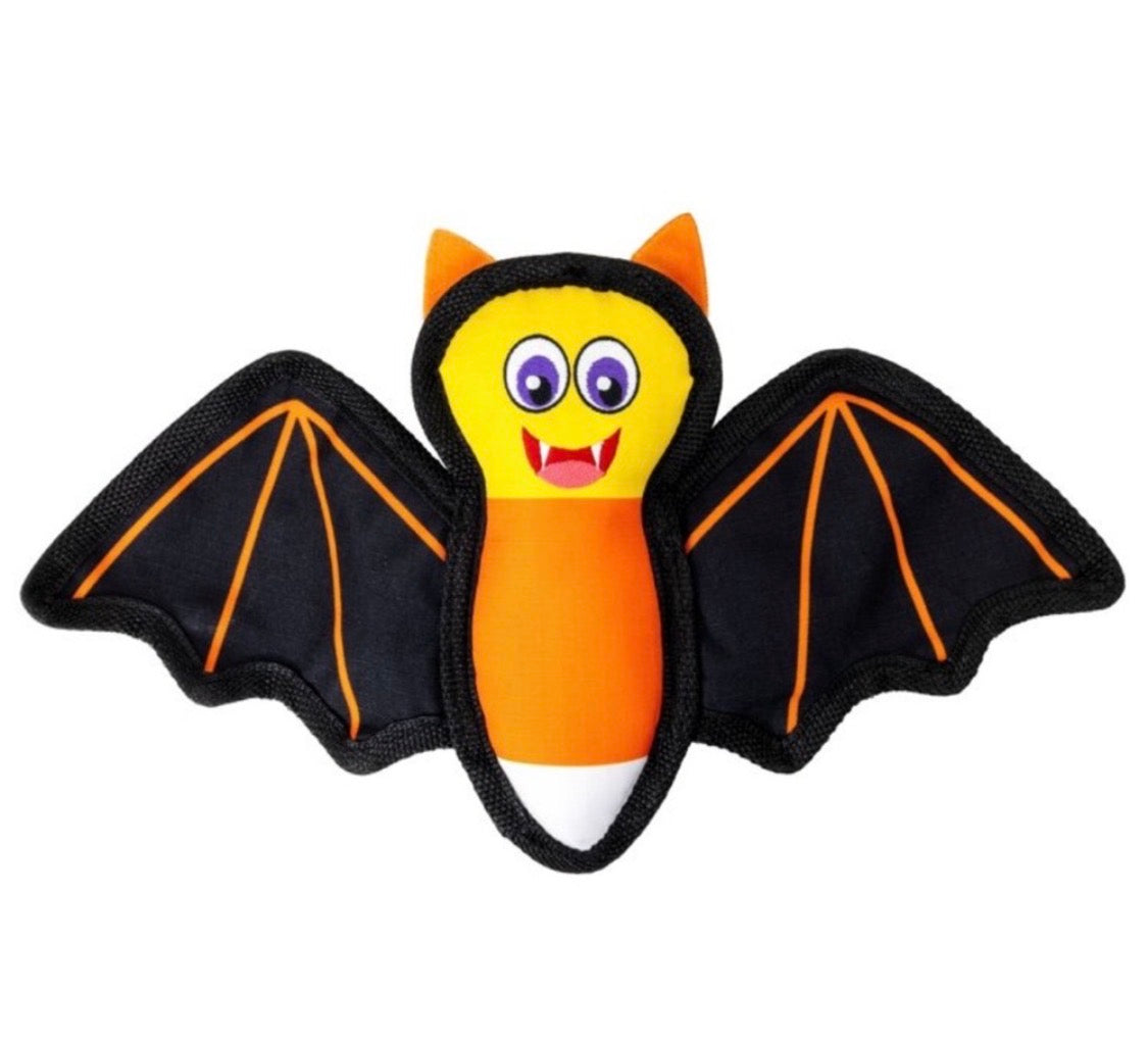 A plush Halloween bat toy with black wings outlined in orange, a yellow face, and an orange-and-white body, shown on a plain white background.
