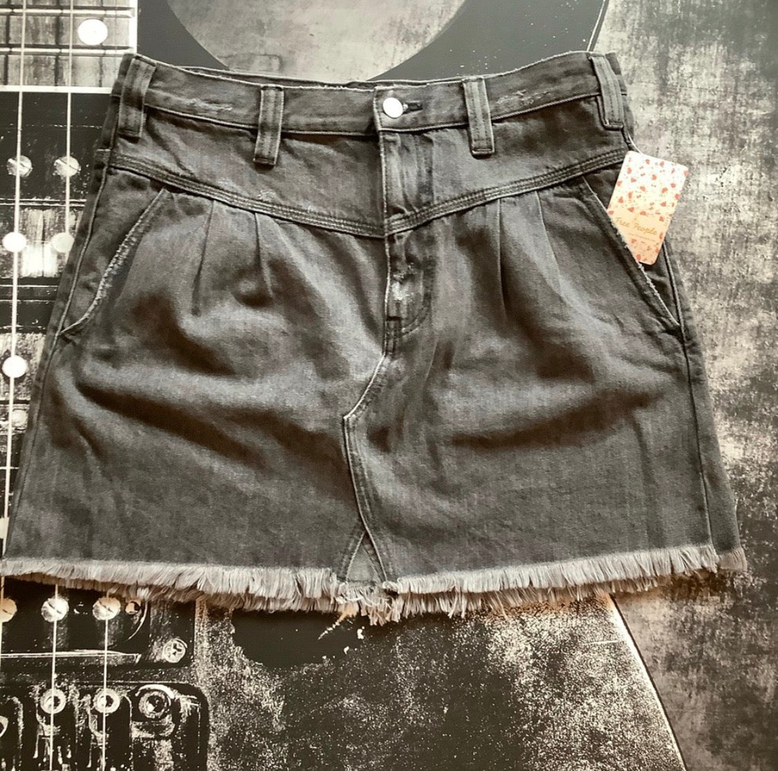 NWT Free People Frayed-Hem Denim Mini Skirt • Faded Black Wash • Size: 30