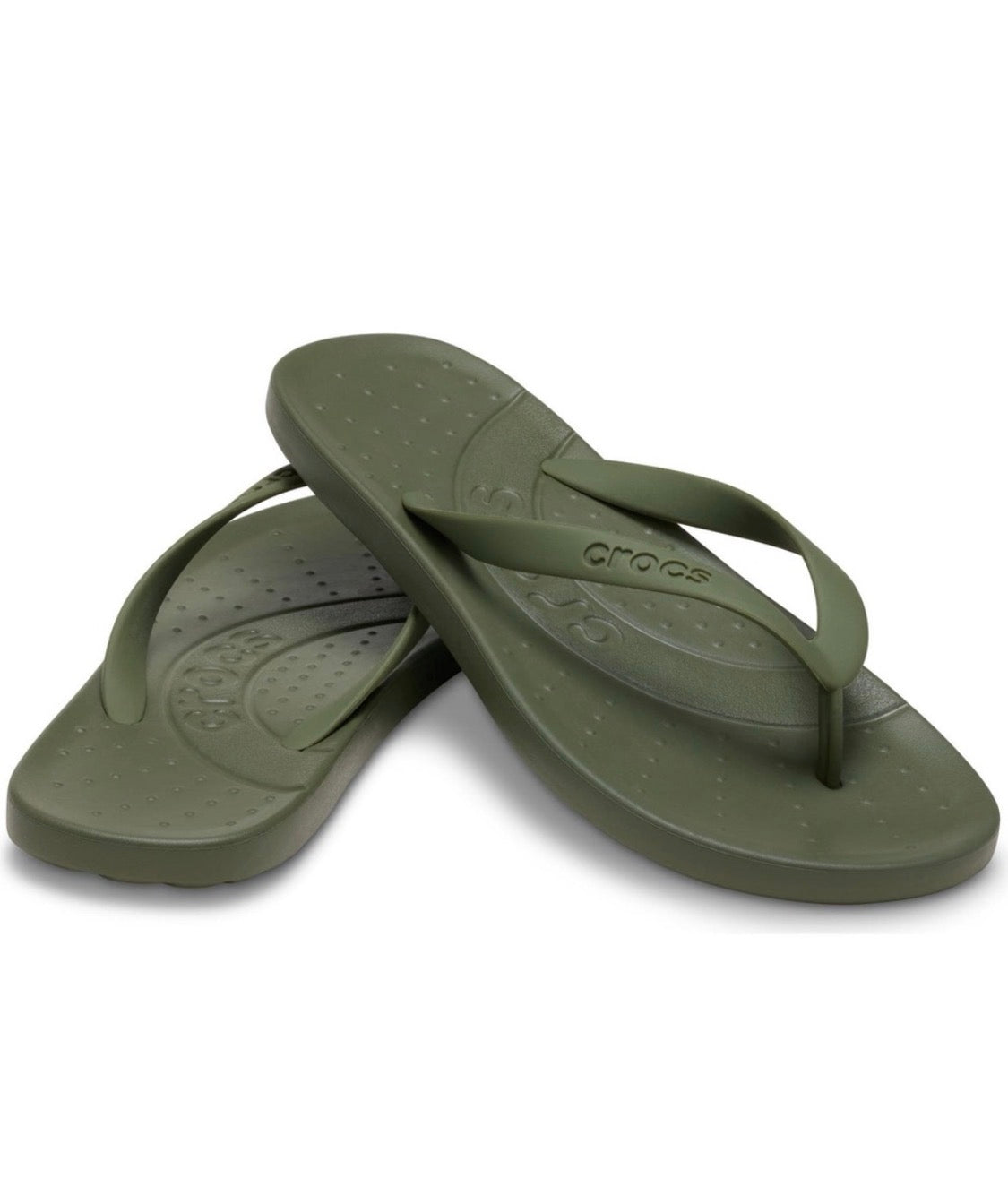 A pair of Crocs flip-flops in olive green, displayed on a clean white background with one sandal standing upright and the other lying flat.