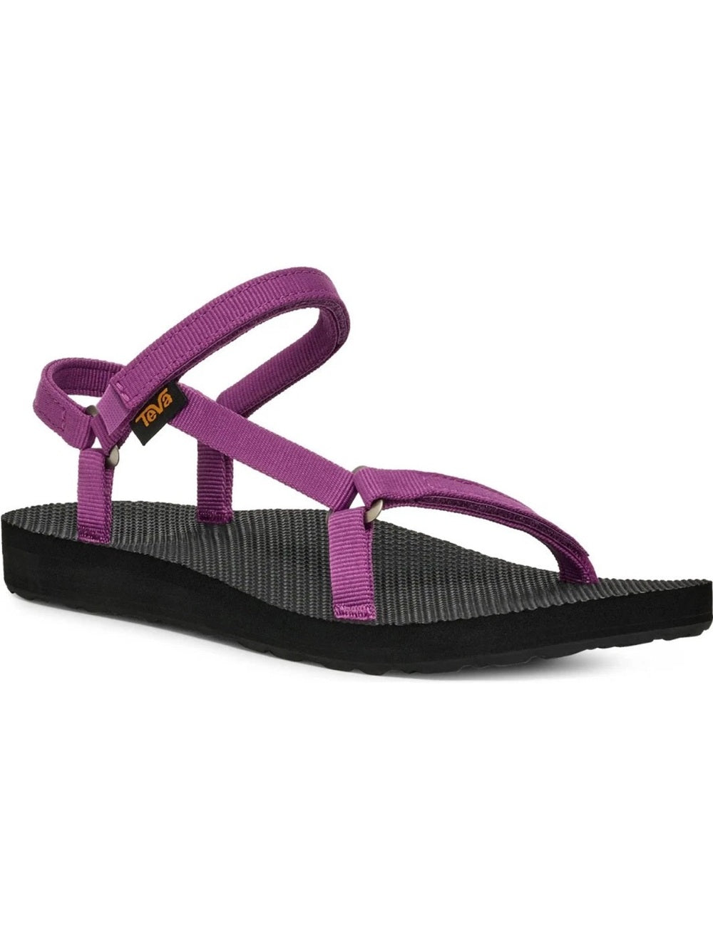 A single Teva sandal with purple woven straps and a black textured footbed, shown from a side profile on a white background.