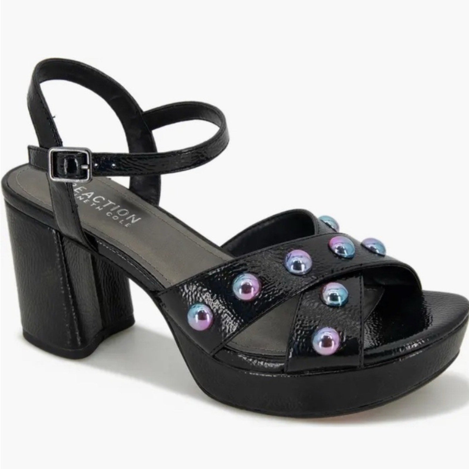 Kenneth Cole Reeva Studded Black Patent Platform Sandal, Women's US 8.5