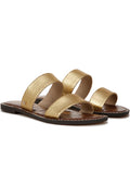 A pair of women's flat slide sandals with textured metallic gold straps and a brown footbed, shown on a plain white background.