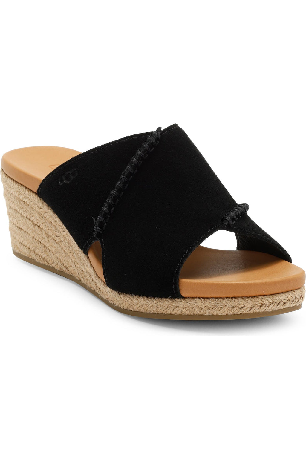 UGK black slide wedge sandal with a braided jute wedge heel and tan footbed, shown from a three-quarters angle on a white background.