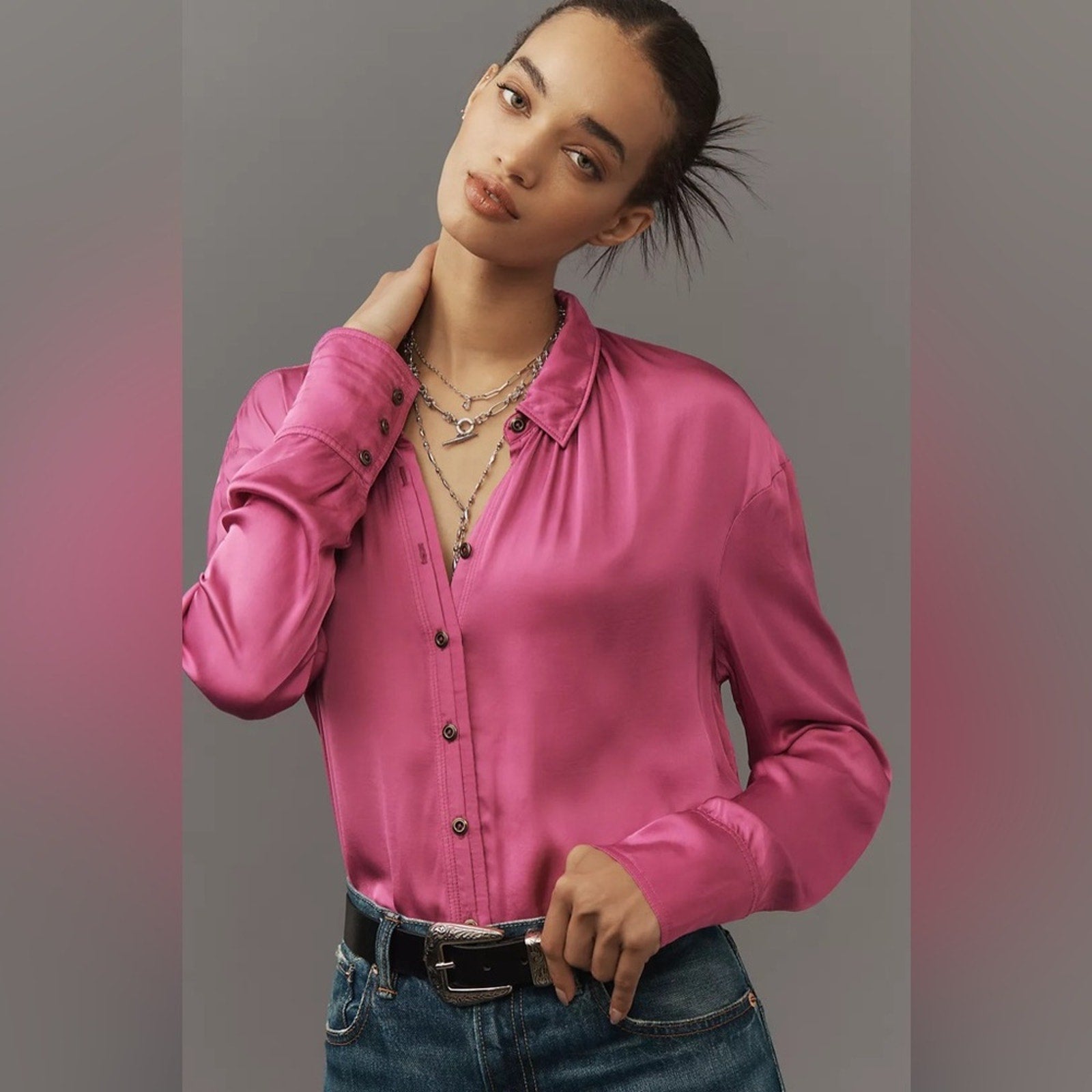 NWT Anthropologie Pilcro Crop Satin Button-Down Blouse • Purple • Size Medium