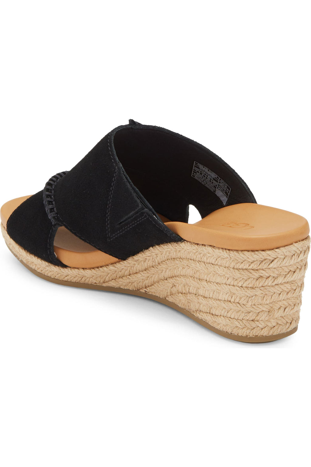 A single black wedge slide sandal with a braided jute platform heel and a tan footbed, shown from a rear three-quarter angle on a white background.