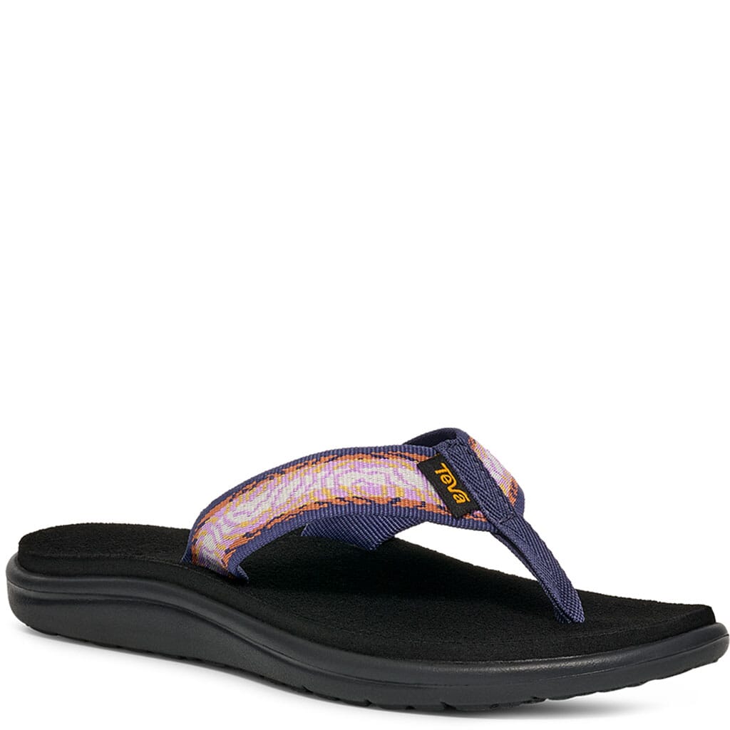 A single Tropicfeel thong sandal with a black cushioned sole and a patterned navy blue strap featuring orange and pink details, shown on a white background.