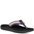 A single Tropicfeel thong sandal with a black cushioned sole and a patterned navy blue strap featuring orange and pink details, shown on a white background.