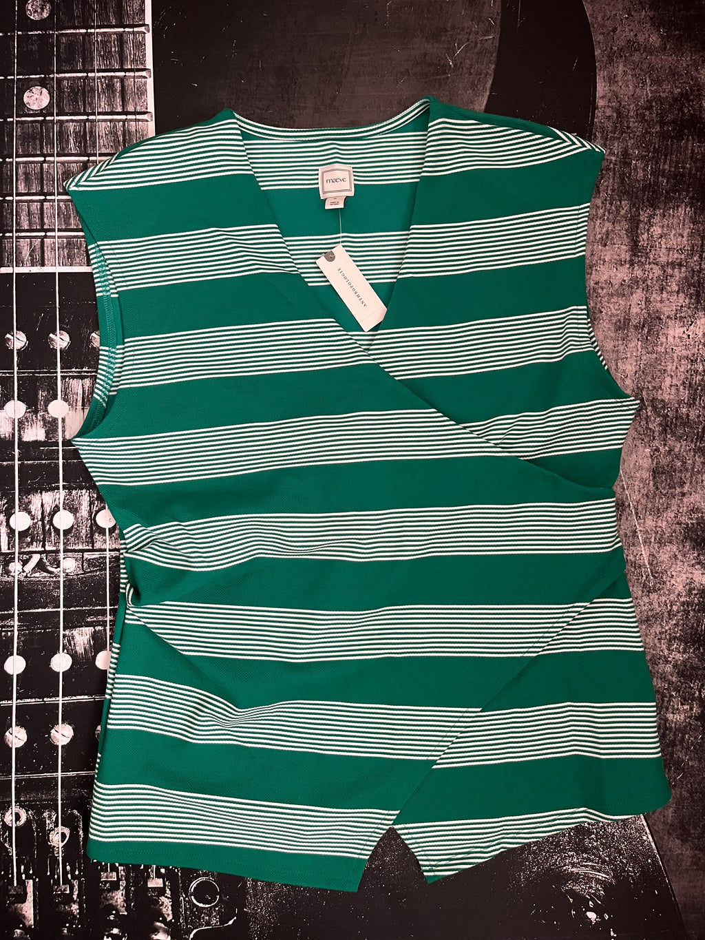 NWT Maeve Sleeveless V-Neck Wrap Top • Green / White Stripe • Size: XL