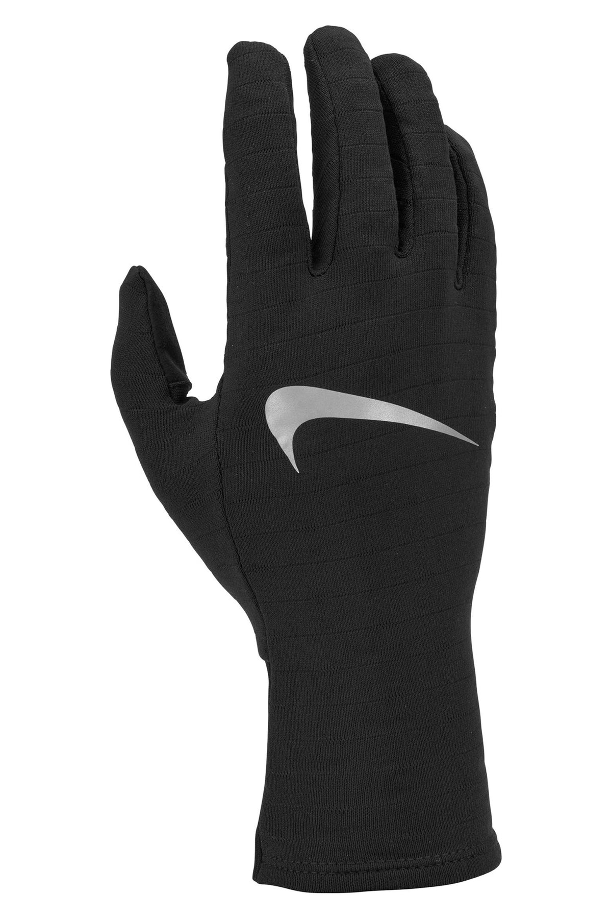 A single black Nike athletic glove shown from the back, featuring a reflective silver Nike swoosh on the back of the hand, set against a plain white background.