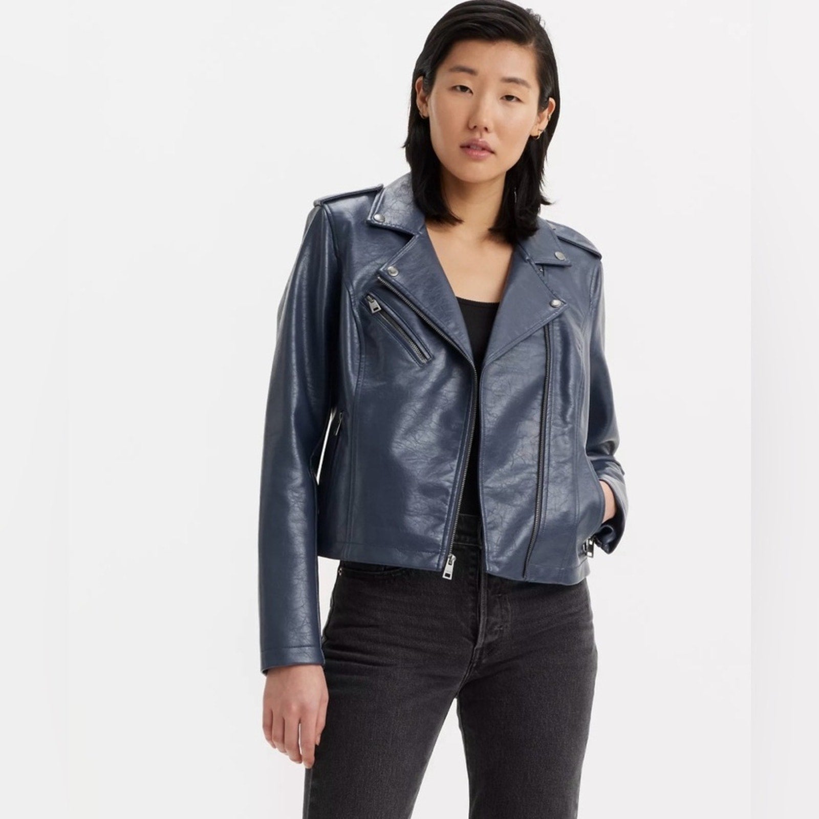 NWT Levi's Faux Leather Moto Jacket • Odyssey Slate Blue • Size Small