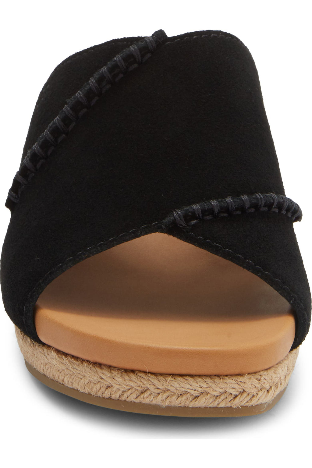 A black open-toe espadrille sandal with a suede-like upper, decorative black stitched trim, a tan footbed, and a braided jute platform sole, shown against a white background.