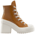 A high-top platform sneaker boot in tan leather with white laces, a thick white platform sole, and a chunky white block heel, shown from a side profile on a white background.