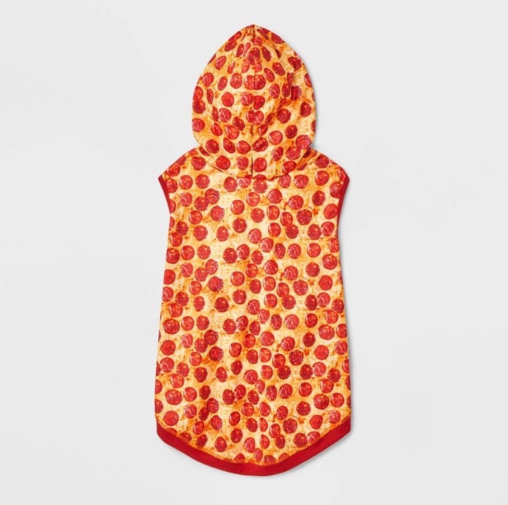 A hooded pet towel or blanket printed with a pepperoni pizza pattern, featuring red pepperoni slices on a yellow-orange pizza base with a red border, shown against a light gray background.