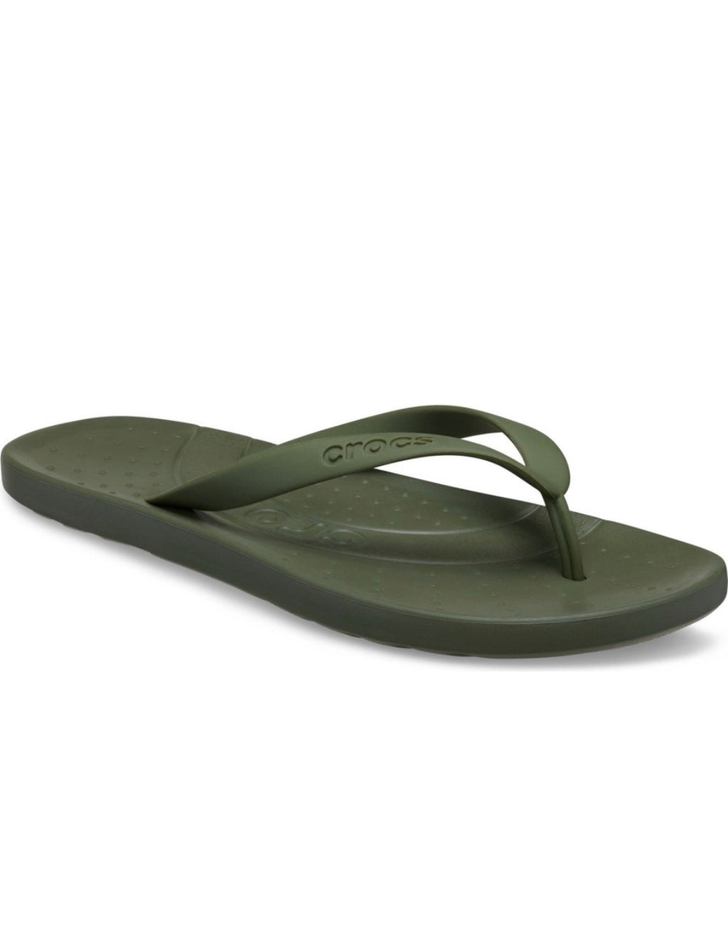 An olive green Crocs flip-flop sandal shown from a three-quarters angle on a clean white background.