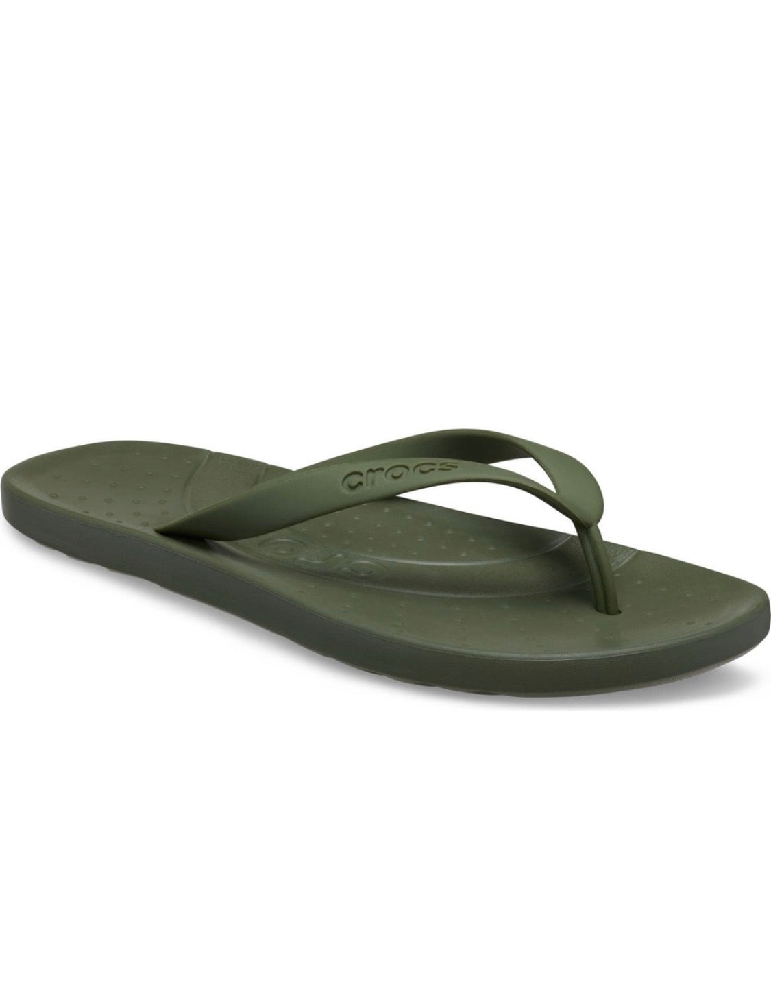 An olive green Crocs flip-flop sandal shown from a three-quarters angle on a clean white background.