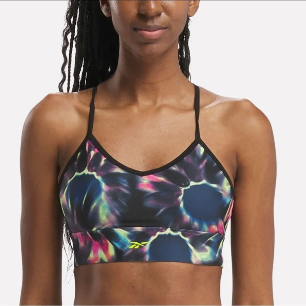 Reebok ID Train AOP Sports Bra • Black/Multicolor Print • Size XL • NWT