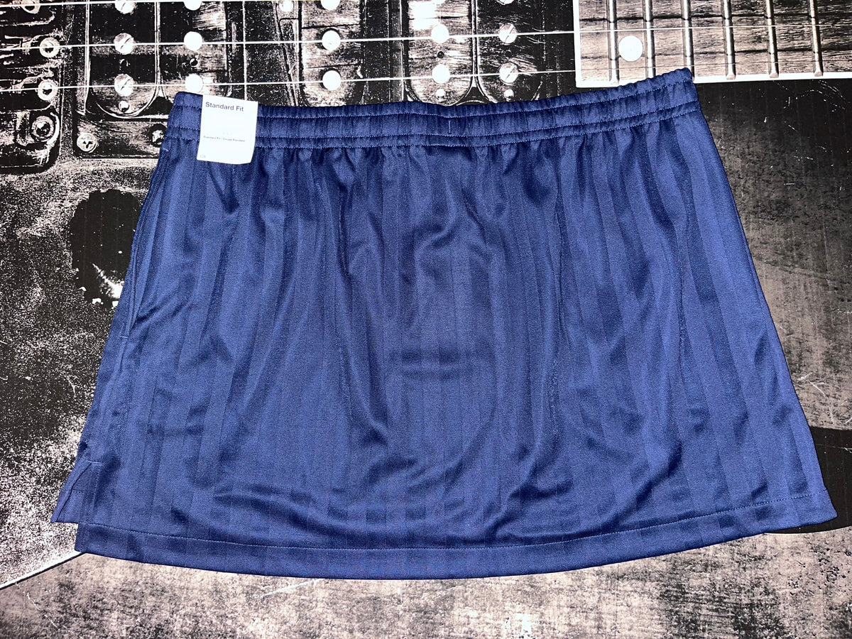 A navy blue athletic skirt with an elastic waistband, laid flat on a textured background featuring a guitar headstock.