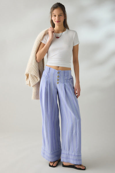 UO Daybreak Linen Blend Wide Leg Pant — Blue Multi | Size Large