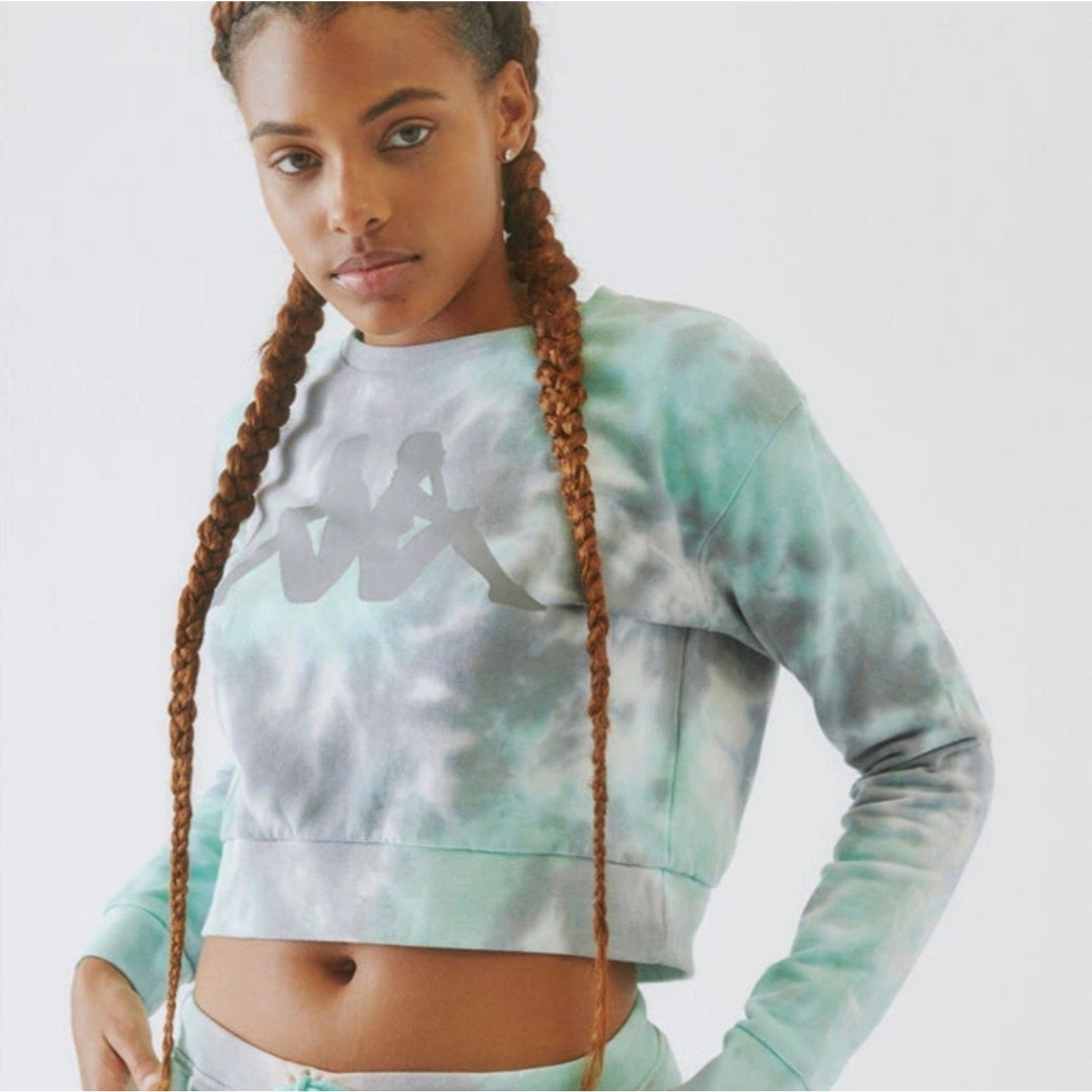 Kappa Cropped Tie-Dye Sweatshirt • Turquoise/Grey/White • Size Large • NWT