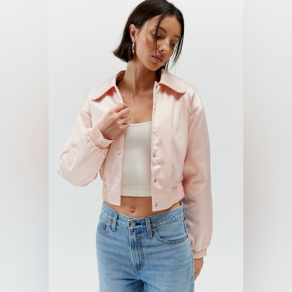 Urban Outfitters Sally Satin Cropped Bomber Jacket • Pink • Size Small • NWT