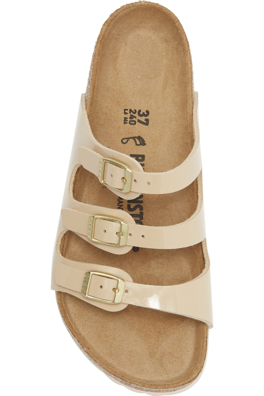 A single beige double-strap slide sandal with gold-tone buckles, shown from a top-down view on a white background. The brand name '37 & PISTOL' is printed on the footbed.