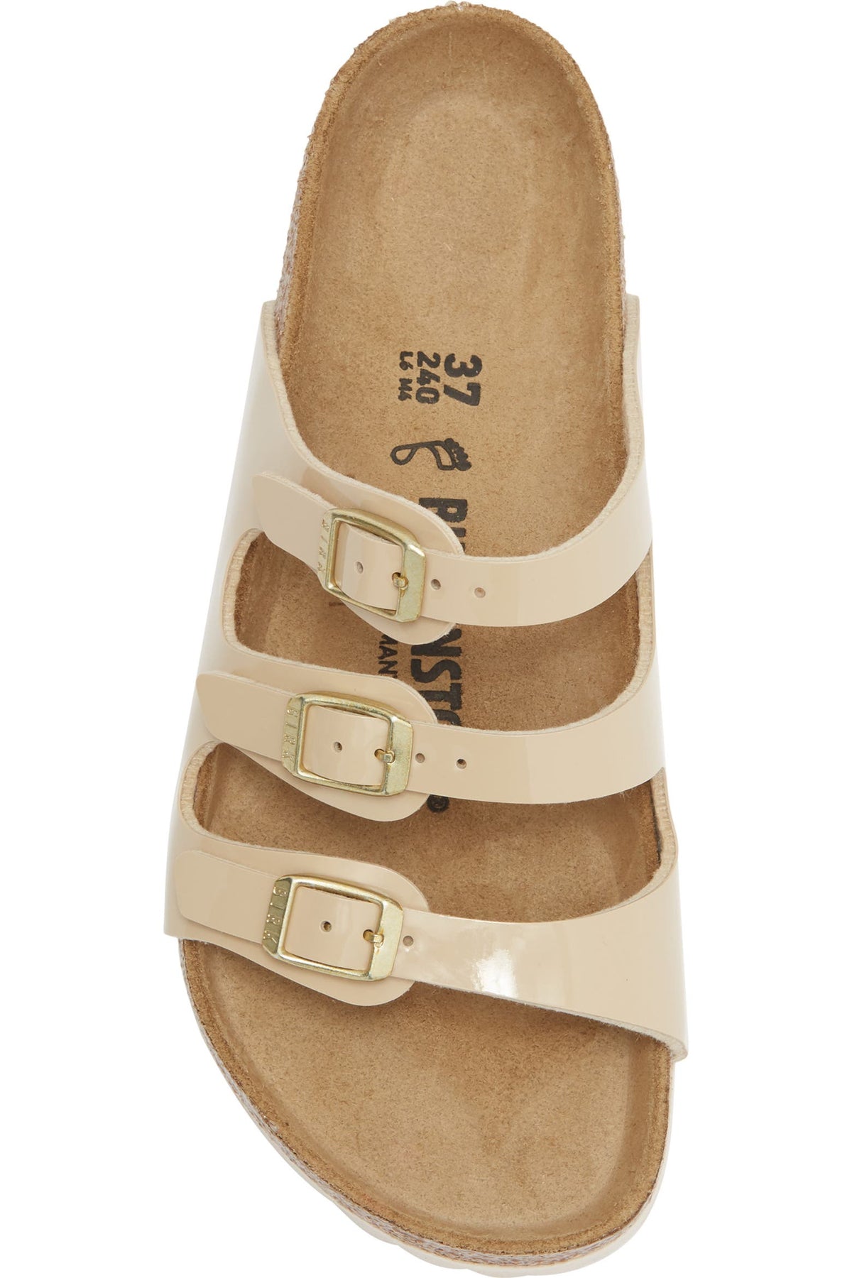 A single beige double-strap slide sandal with gold-tone buckles, shown from a top-down view on a white background. The brand name '37 & PISTOL' is printed on the footbed.