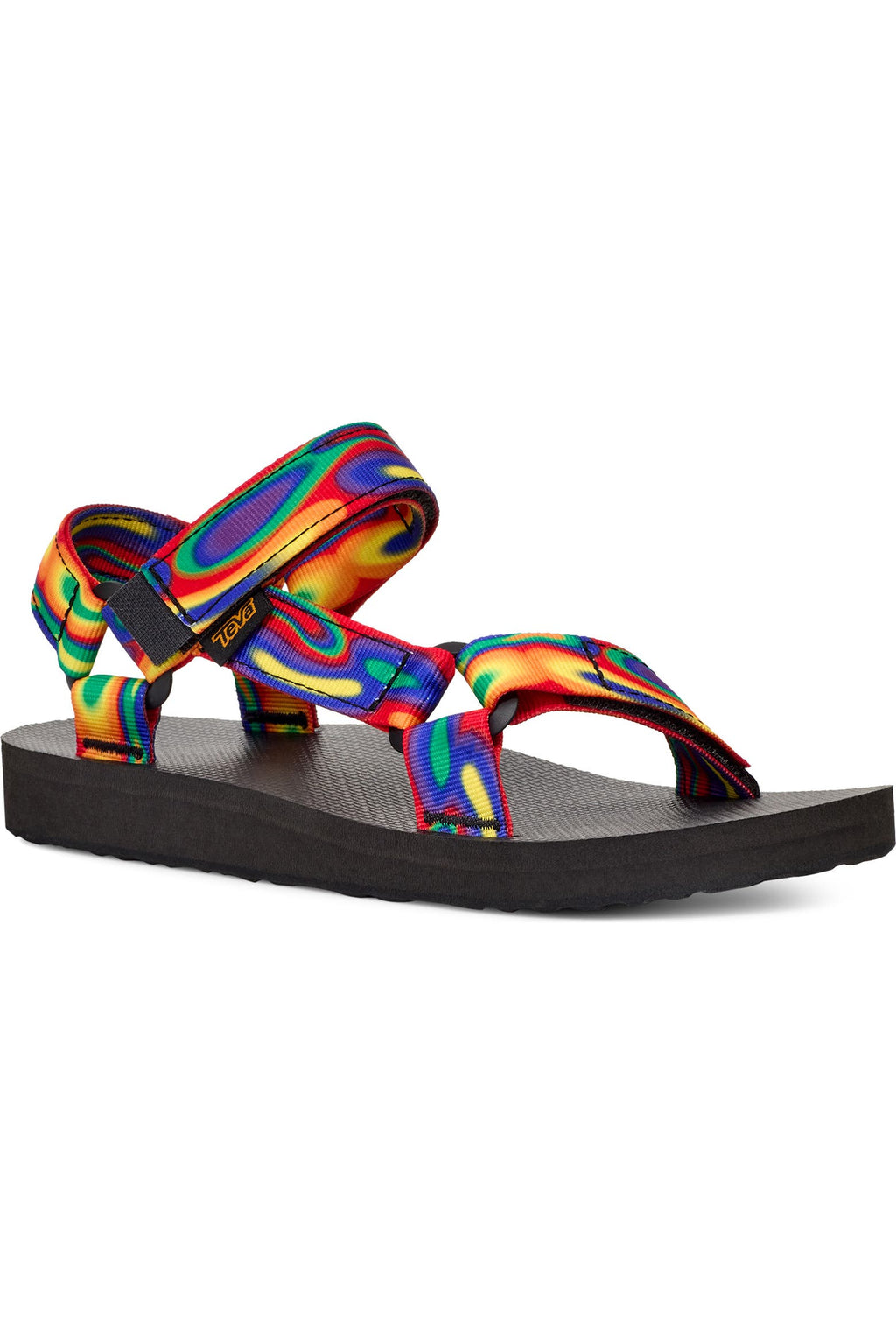 A single Teendrop sandal with a vibrant rainbow psychedelic pattern on the straps and a black sole, shown against a plain white background.