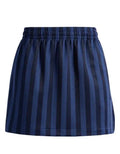 A navy blue and black vertically striped mini skirt with an elastic waistband, shown against a plain white background.