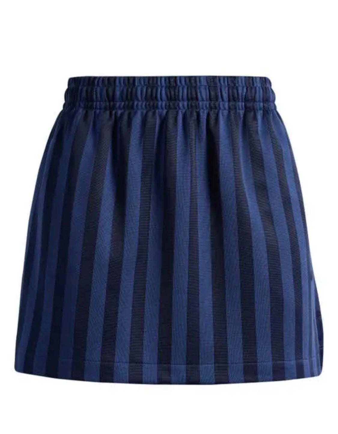 A navy blue and black vertically striped mini skirt with an elastic waistband, shown against a plain white background.