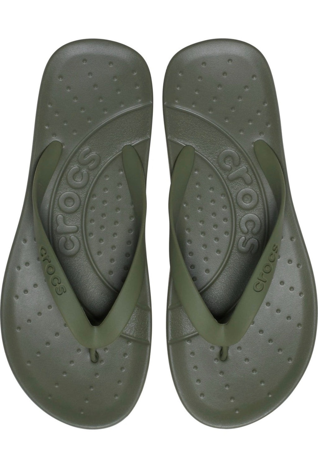 A pair of Crocs flip-flops in olive green, shown from a top-down view on a plain white background.