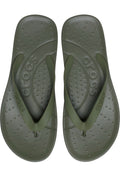 A pair of Crocs flip-flops in olive green, shown from a top-down view on a plain white background.