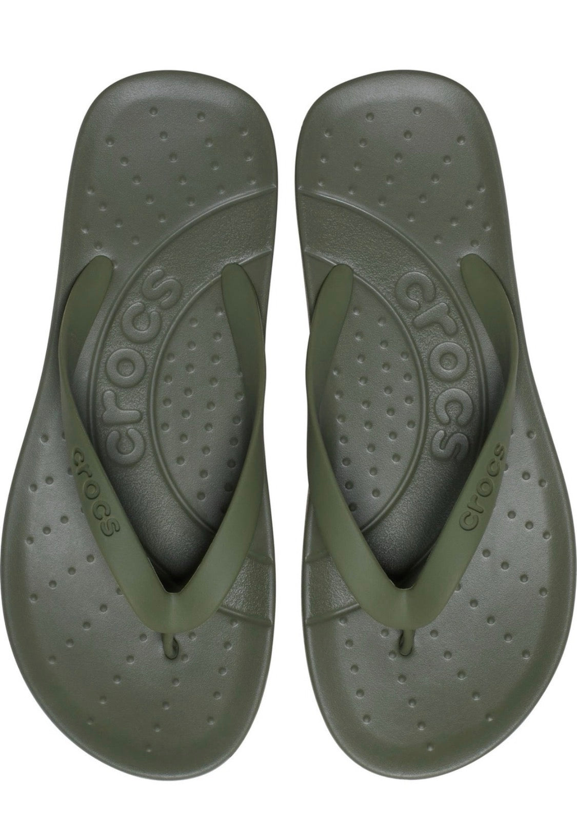 A pair of Crocs flip-flops in olive green, shown from a top-down view on a plain white background.
