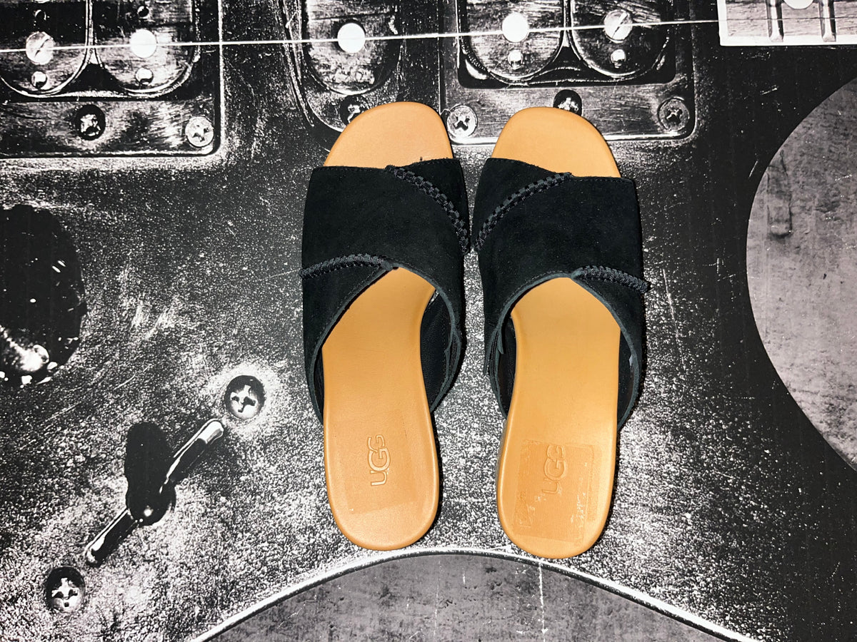 NIB UGG Taia Wedge Heel Sandals • Black Leather • Size: Women's 8