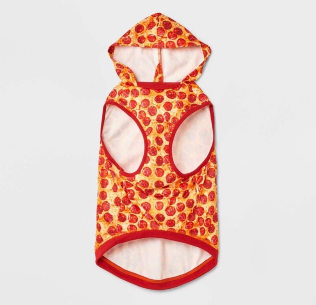 A hooded dog sweatshirt featuring a red and yellow pepperoni pizza print, with a cream-colored lining and red trim, shown against a light gray background.
