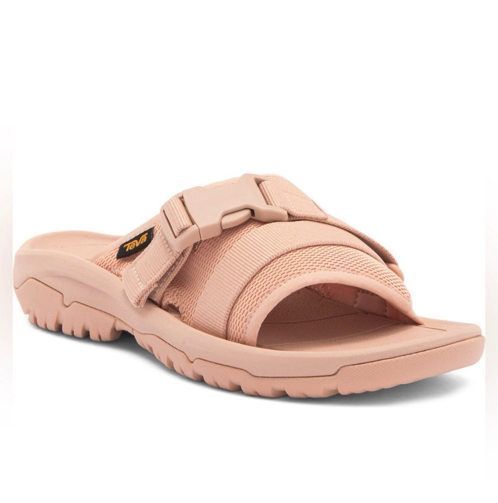 Teva Hurricane Verge sport slide sandal in Maple Sugar light pink, side view