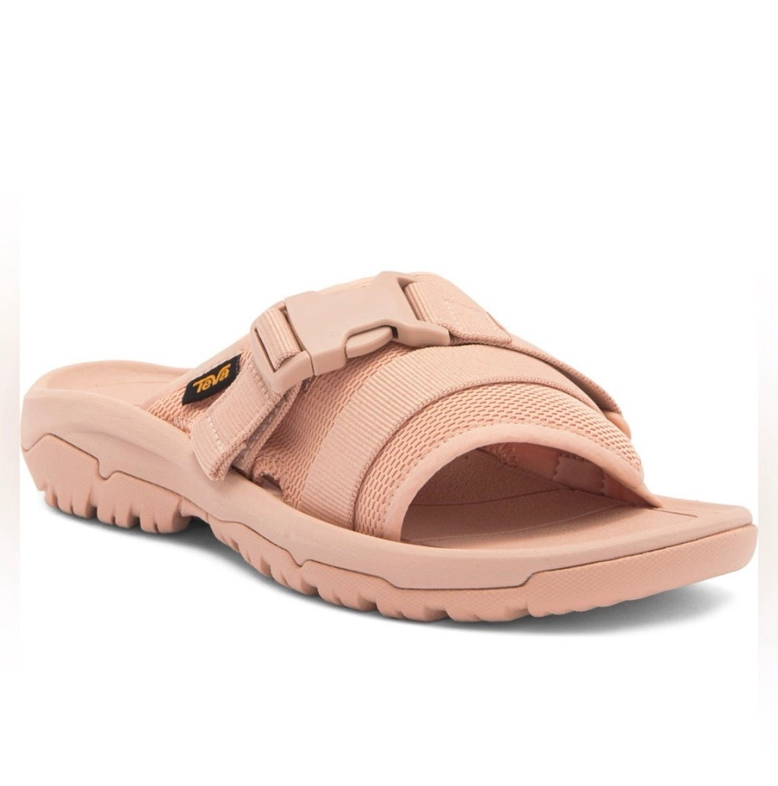 Teva Hurricane Verge sport slide sandal in Maple Sugar light pink, side view