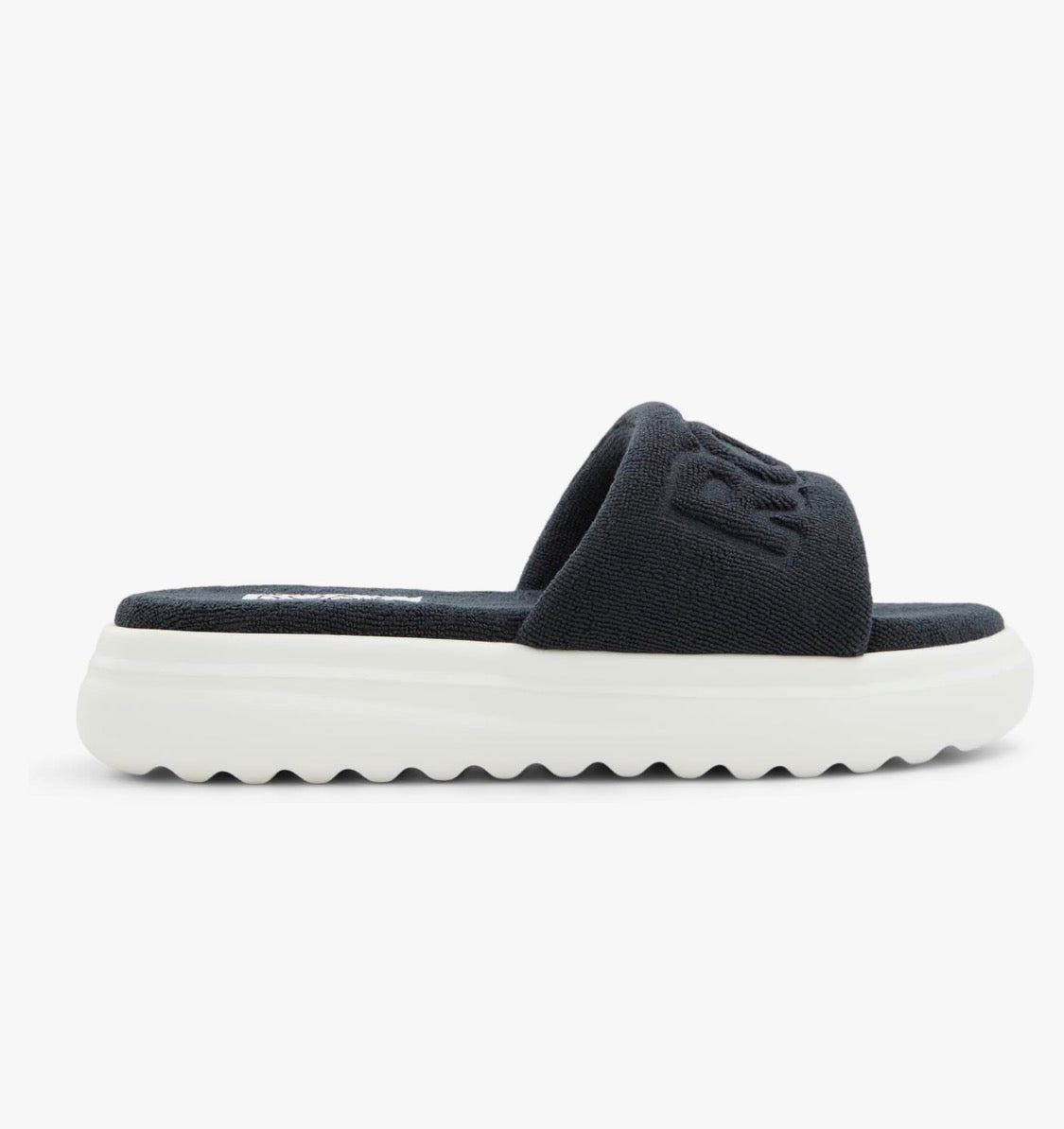 Black slide sandal with brand logo on a white background