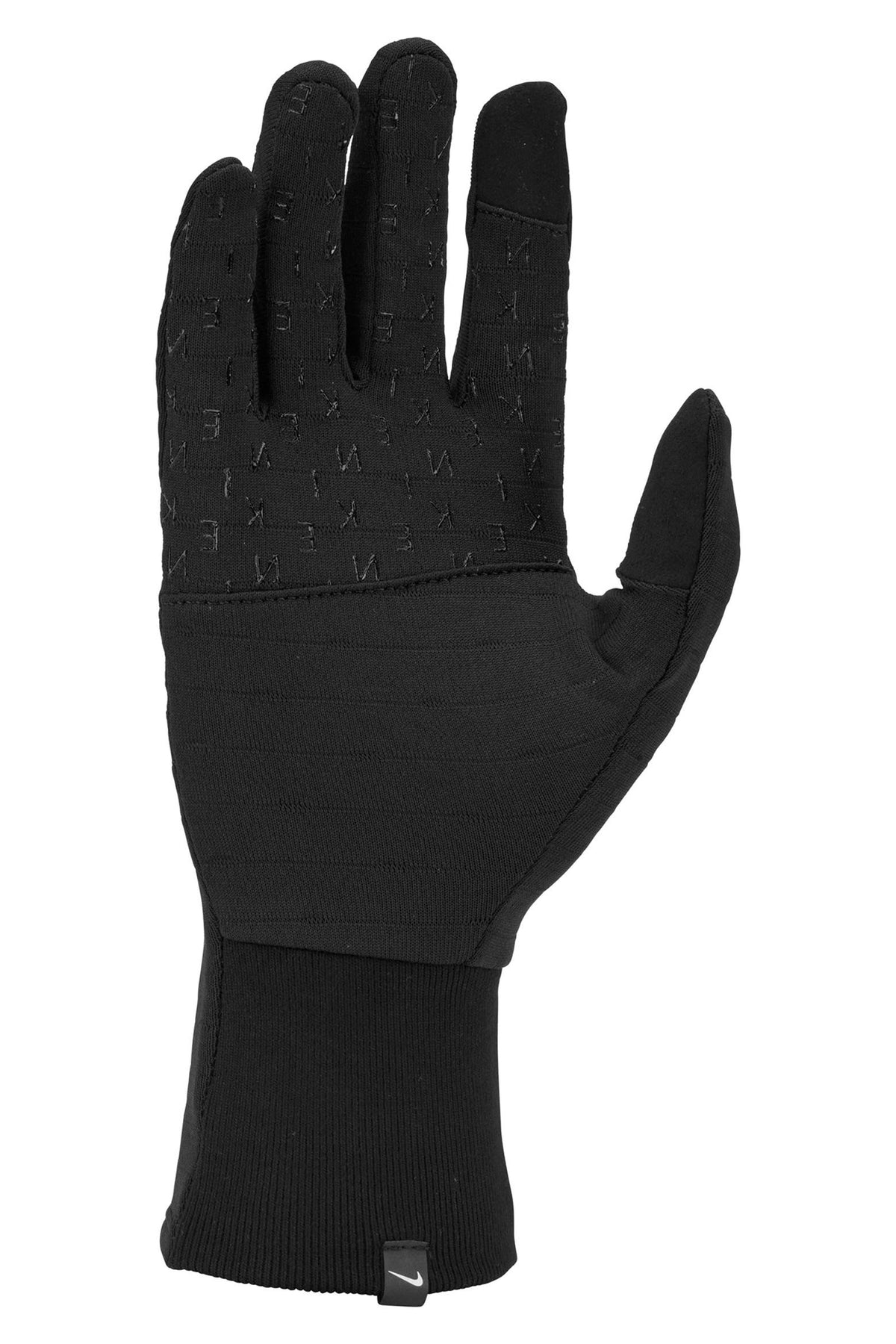 A single black athletic glove shown from the back, featuring a textured, patterned grip on the back of the hand and a ribbed knit cuff, photographed against a solid white background.